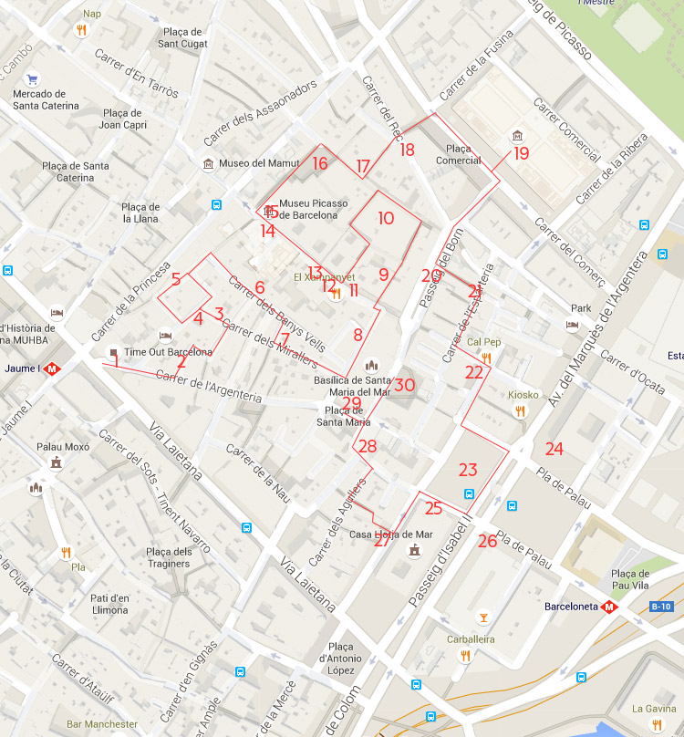 Wandelroute kaart La Ribera - Wandeltour in La Ribera (El Born) Barcelona