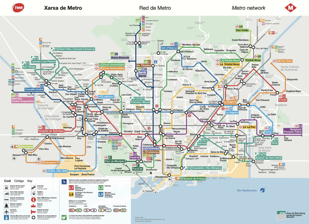 Metrokaart van Barcelona met de verschillende metrolijnen van Barcelona.