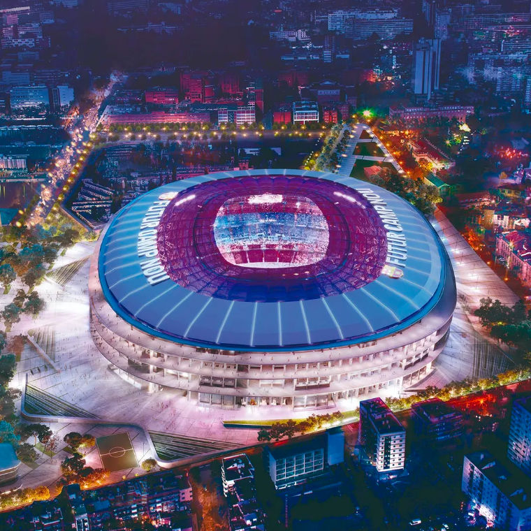 Het nieuwe verlichte Camp Nou in de nacht.