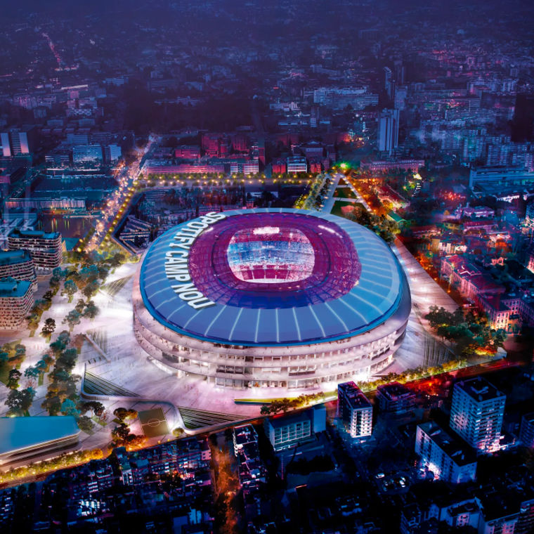 In de nacht is het stadion Camp Nou prachtig verlicht in de clubkleuren.